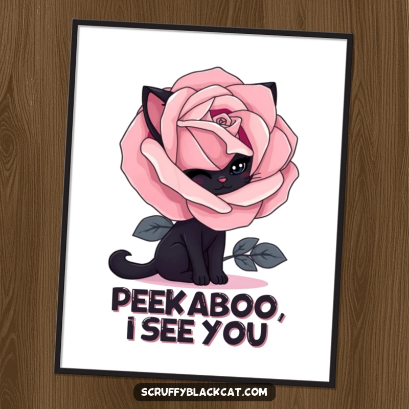 Funny black cat digital art print of a shy cat peeking from behind a gothic rose, offering instant humorous wall decor.