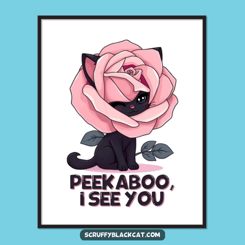 Funny Shy Black Cat Gothic Rose Digital Art: Instant Humorous Decor