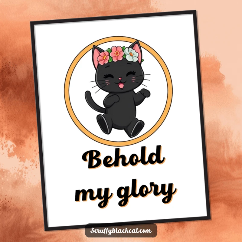 Funny black cat in a flower crown leaping through a hoop, presented as a digital art print for instant wall decor and humor.