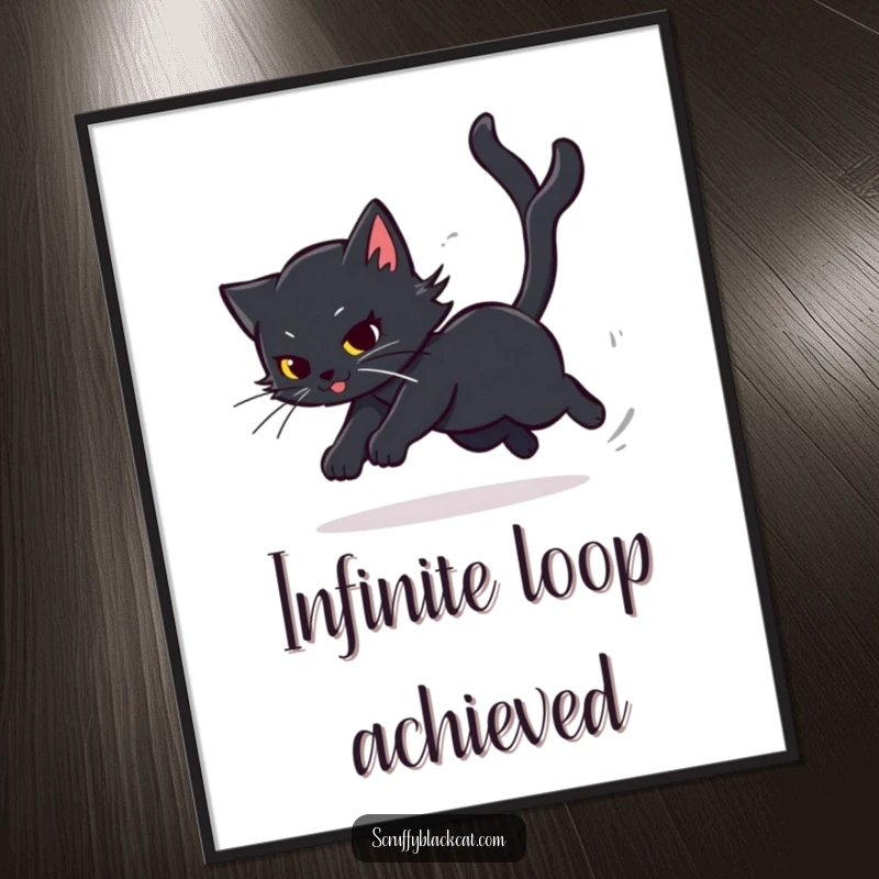 Funny Cat Chase Digital Art Print of a black cat spinning wildly after its tail, full of playful energy, a great funny gift.