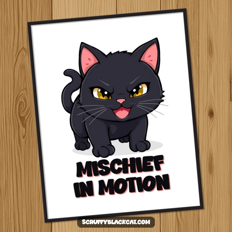 Funny Black Cat Digital Art Print: A mischievous black cat grins slyly, poised to pounce, a humorous illustration.