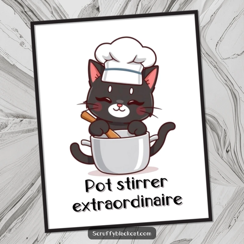 Funny digital art print of a mischievous chef cat stirring a pot, a humorous and culinary decoration.