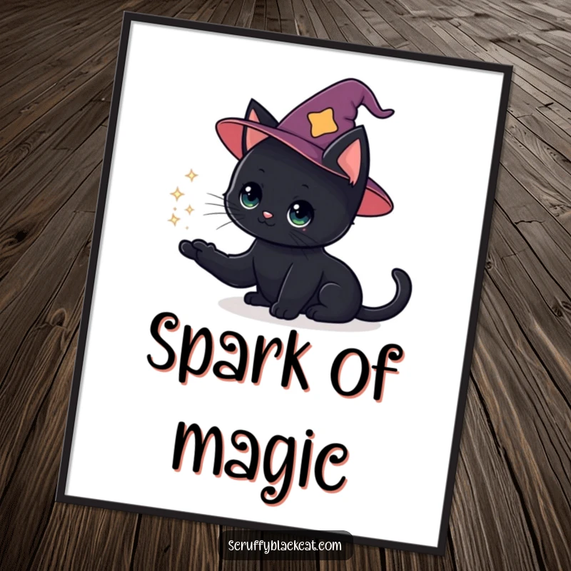 Funny cat digital art print featuring a black cat in a wizard hat conjuring a sparkly puff, full of magic.