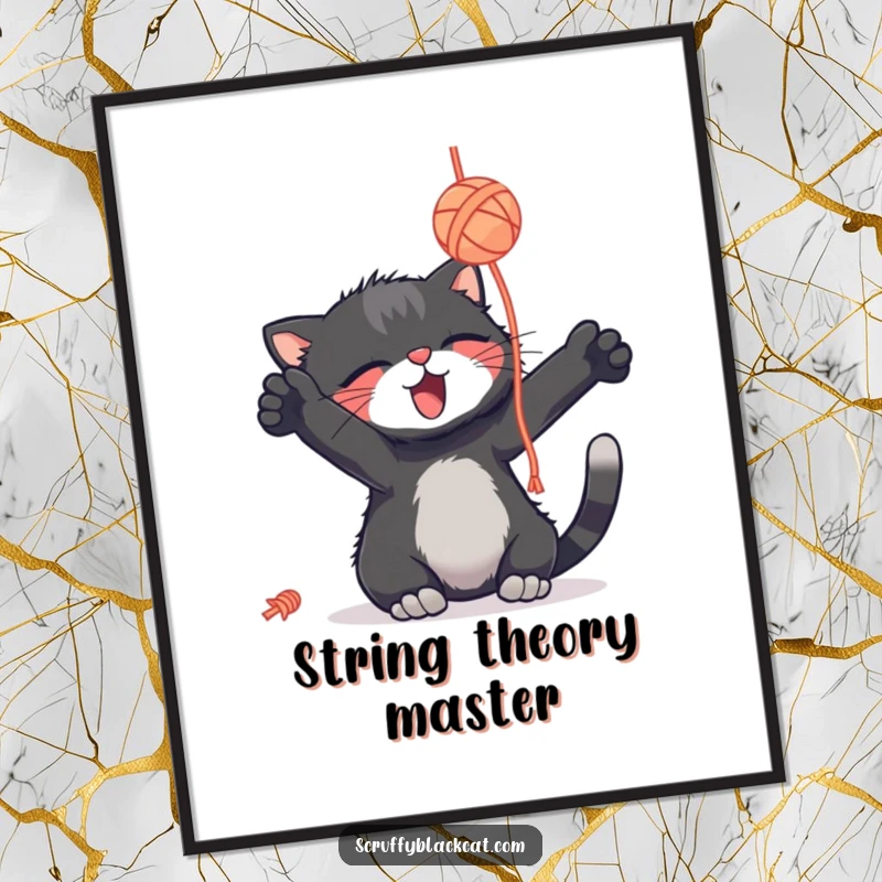 Funny scruffy black cat digital art print, batting a yarn ball with delight, instant download, humorous wall decor.