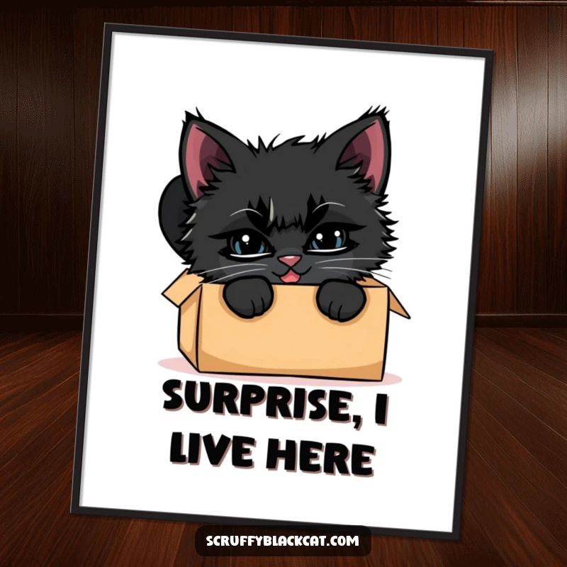 Funny black kitten digital art print, capturing the moment it peeks from a cardboard box with a mischievous grin.