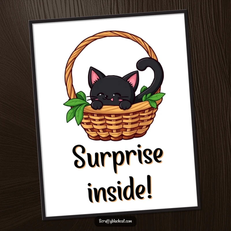 Funny digital art print of a black cat with a wagging tail peeking out from a basket, embodying playful curiosity and stealth.