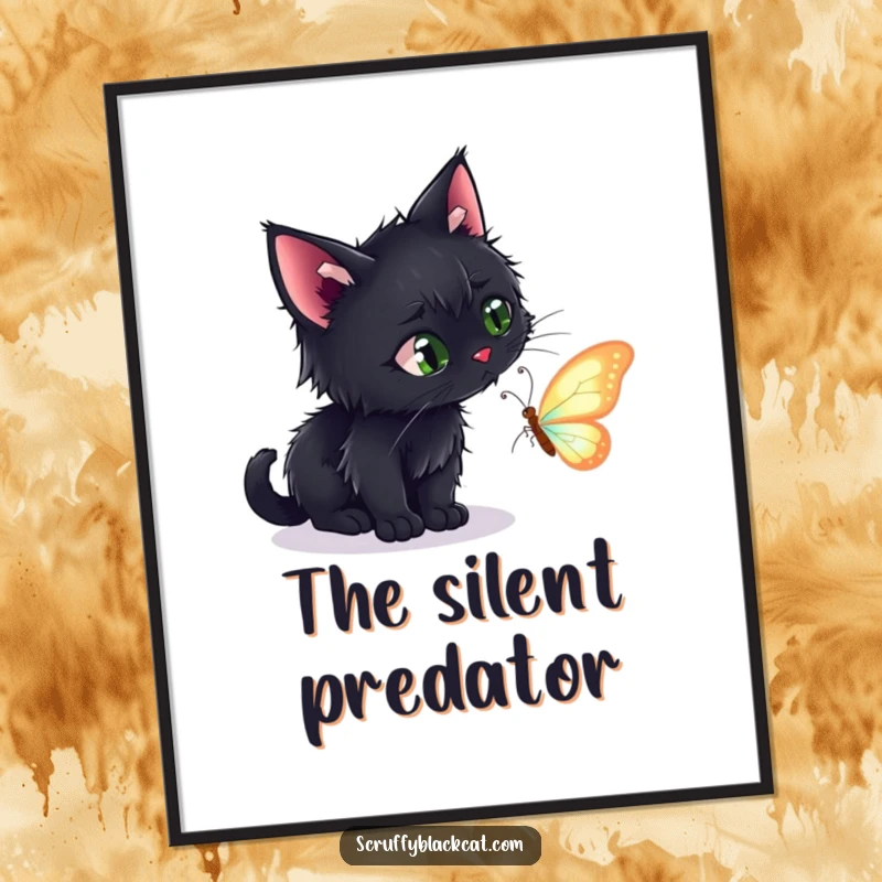 Funny digital art print of a scruffy black cat hunting a delicate, shimmering butterfly, ready to be printed and framed.