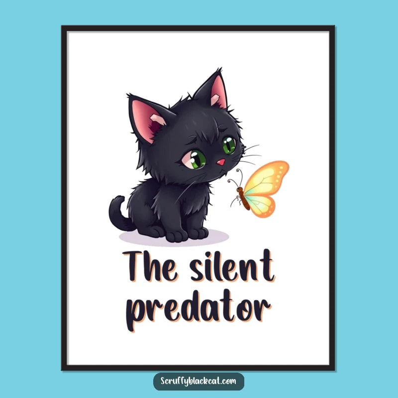 Funny Black Cat Stalking Butterfly Digital Print - Humorous Wall Art for Cat Enthusiasts