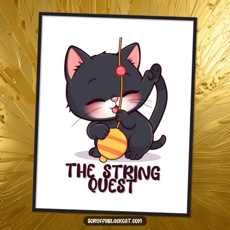 Funny digital art print of a small black cat playfully batting at a dangling string toy, suitable for display.
