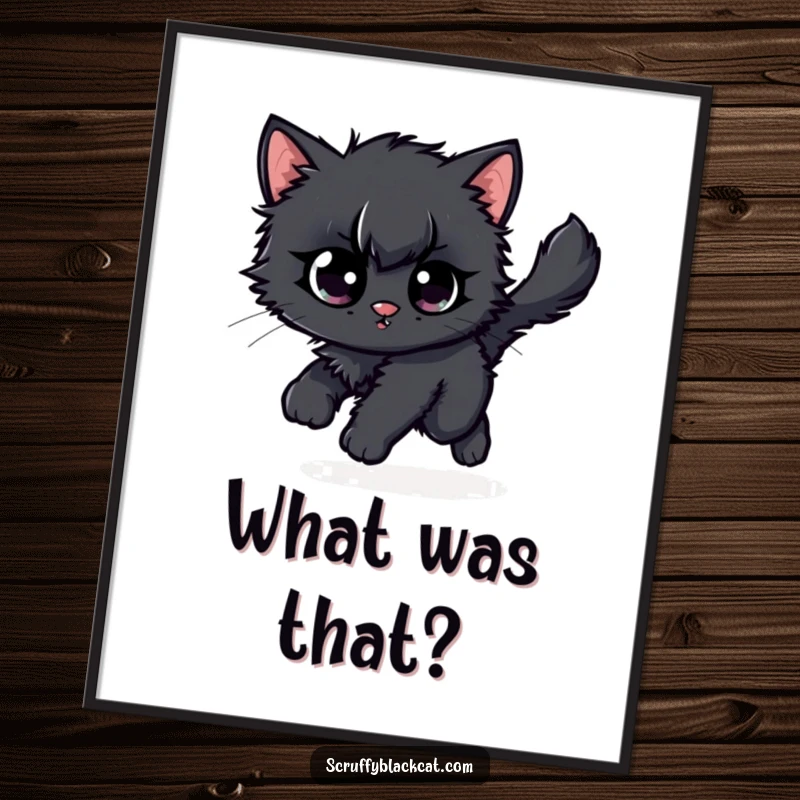 Funny scruffy black kitten digital art print, capturing the comic frenzy of it chasing its own fluffy tail with wide eyes.