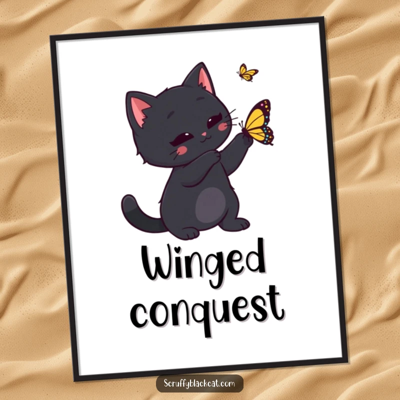 Funny black cat playfully swatting a butterfly, presented as a digital art print for instant wall decor and charming feline humor.