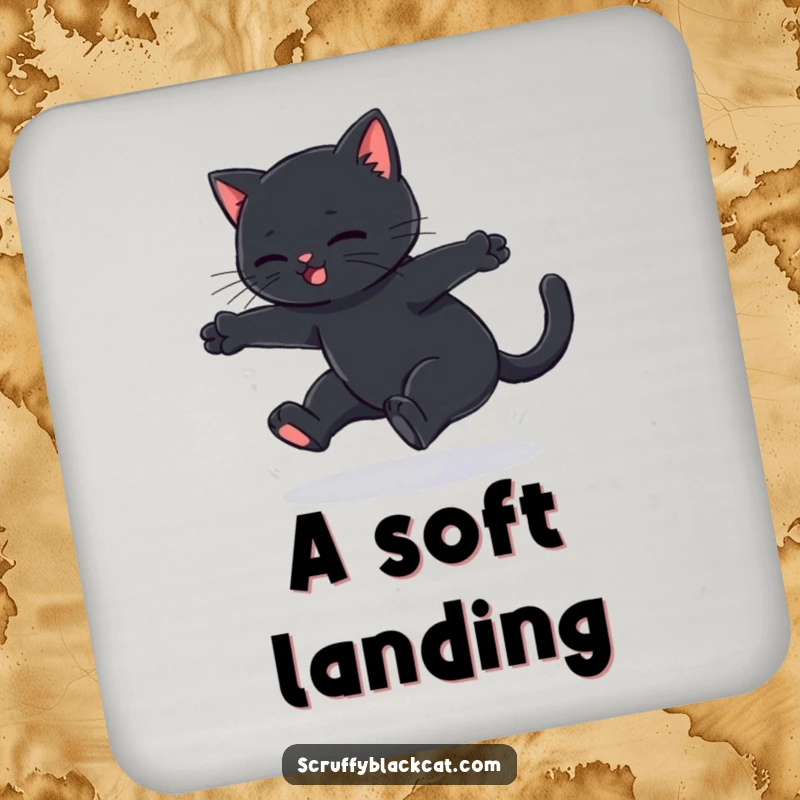 Funny black cat coasters showing a failed leap's soft thud, protecting tables with humorous feline charm.