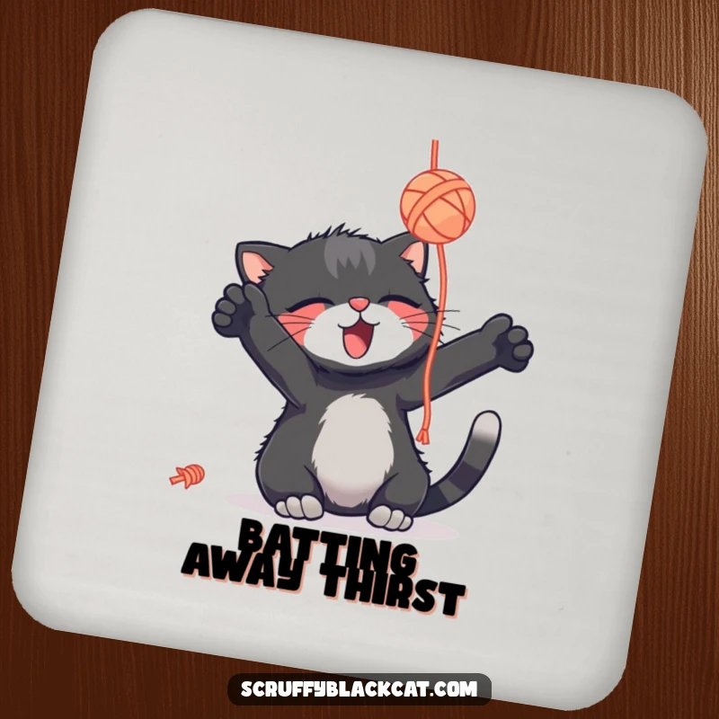 Funny scruffy black cat coasters, batting a yarn ball with delight, decorative and protective, a funny gift.