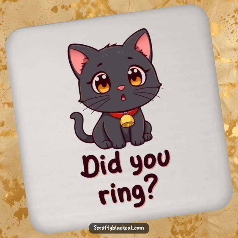Funny black cat with a tiny bell collar, looking surprised on protective drink coasters.