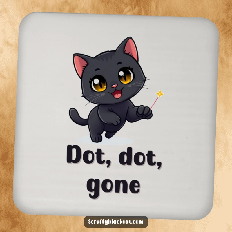 Funny Black Cat Coaster: A black cat with wide, delighted eyes intensely chases a red laser dot, adding humor to drink protection.