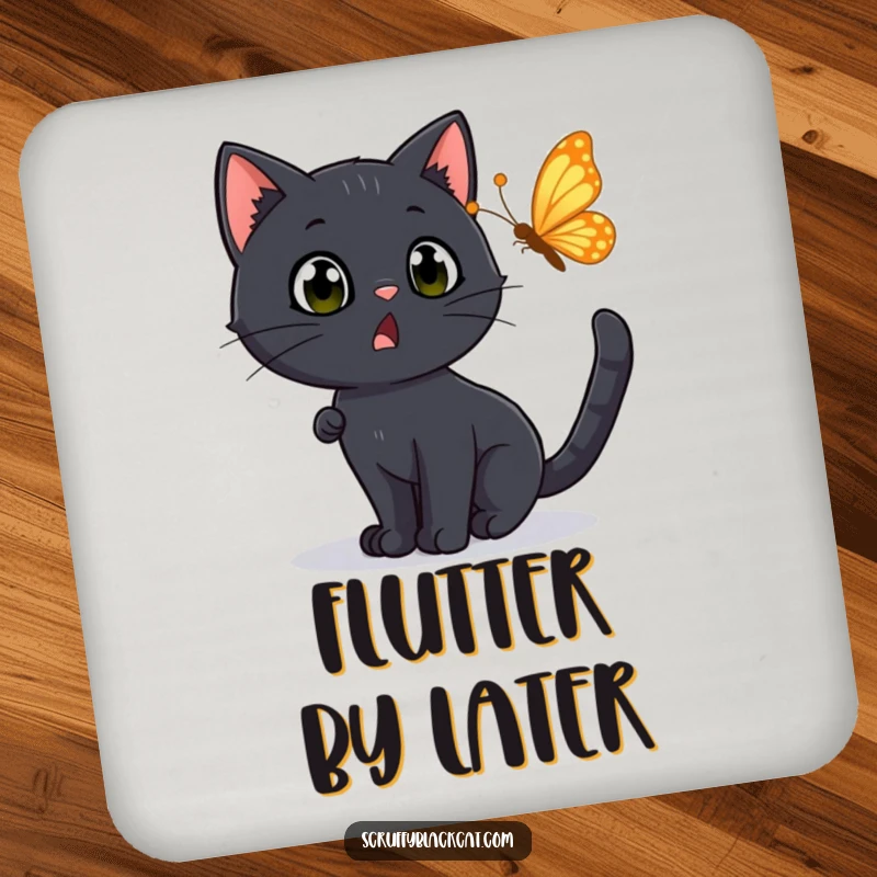 Funny Coaster: A black cat with a surprised expression chasing a fluttering butterfly, adding playful protection to surfaces.