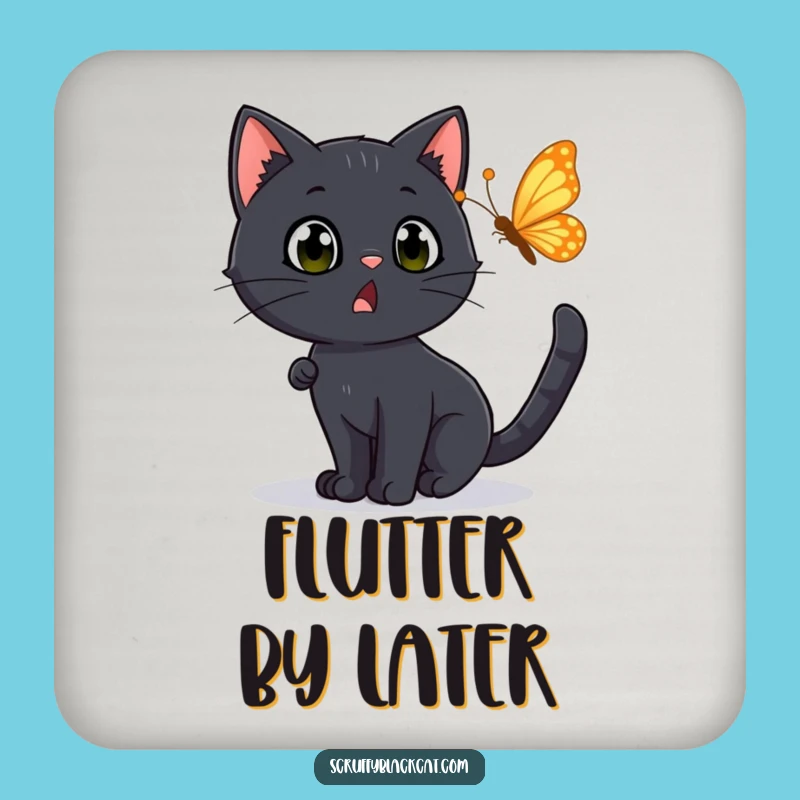 Funny Surprised Cat Coaster: Black Cat Chasing Butterfly, Protect Surface Funny Gift