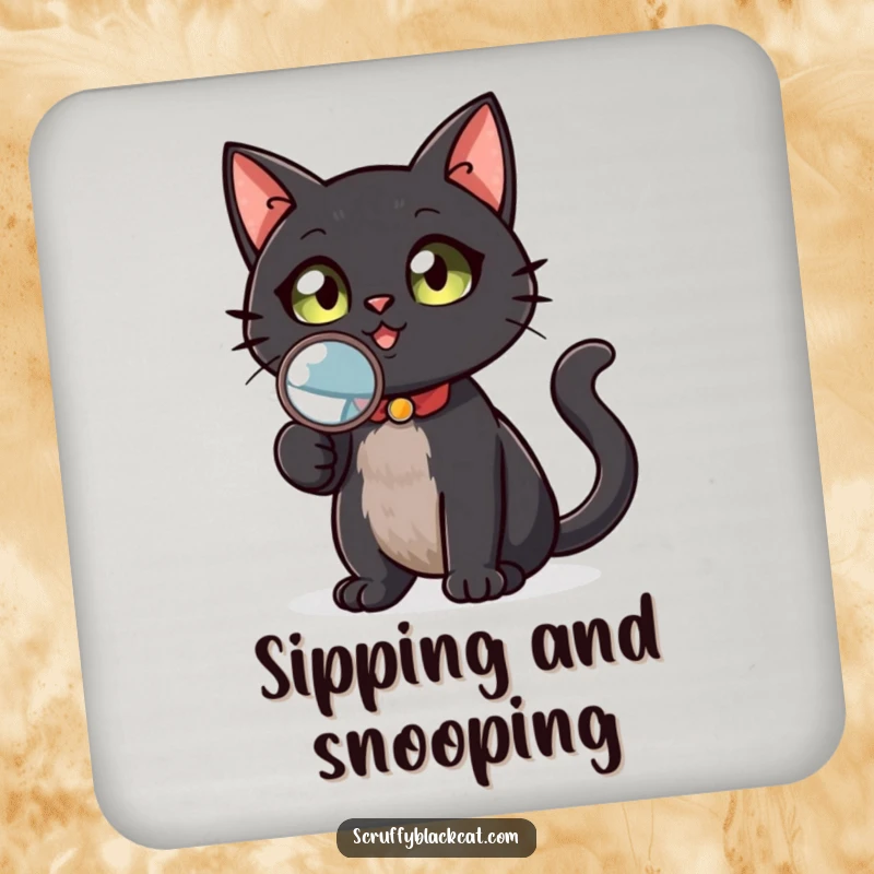 Funny black cat drink coaster, holding a magnifying glass, looking up, adding a humorous and protective element to tabletops, a small but mighty gift.