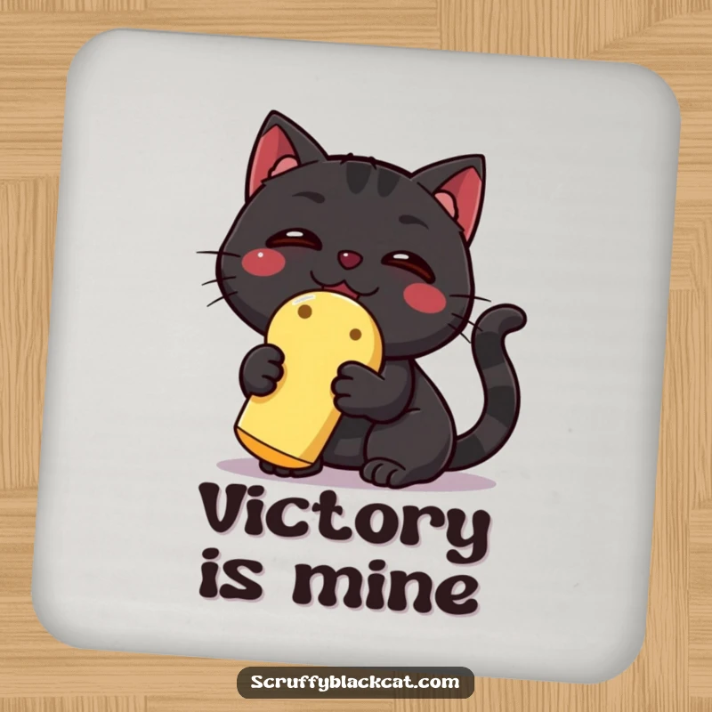 Funny Black Cat Drink Coasters: A triumphant black cat with a squeaky toy, offering hilarious protection for your surfaces.
