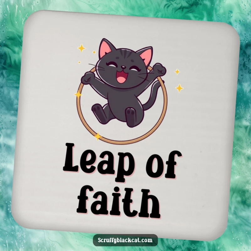 Funny Black Cat Coaster: Protects surfaces with a mischievous cat leaping through a sparkly hoop with a triumphant meow.