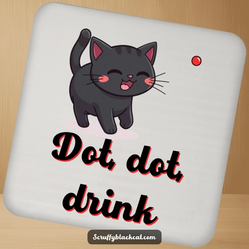 Funny black cat mid-chase, focused on a red laser dot, displayed on a functional drink coaster.