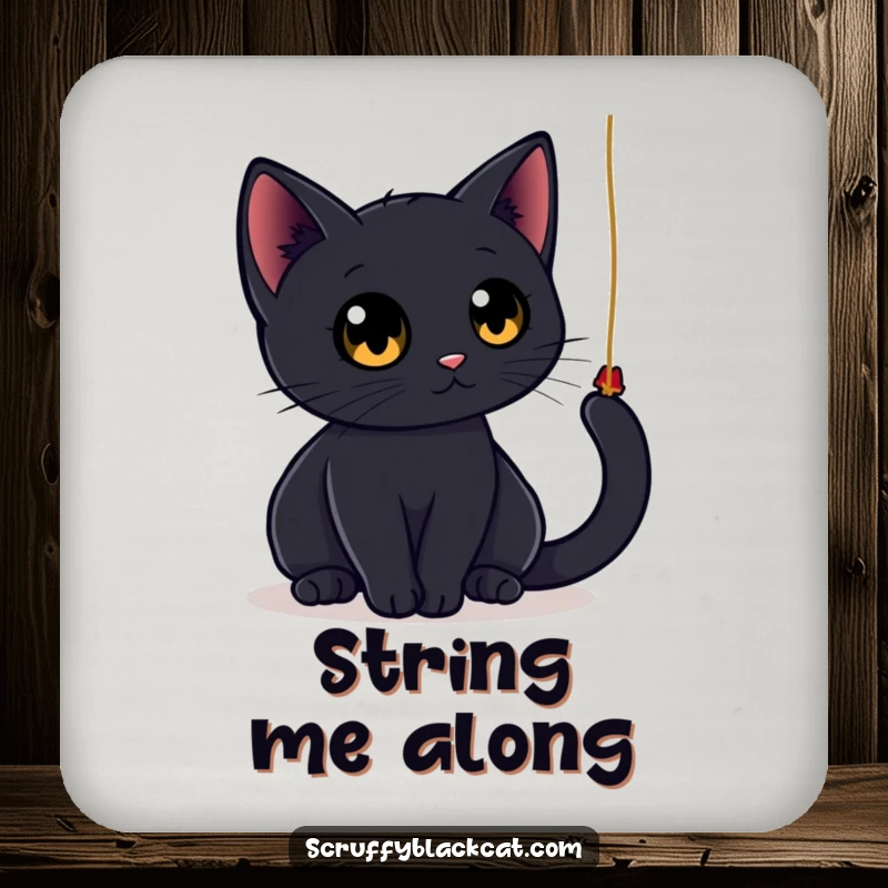 Funny black cat drink coaster showing a sleek cat with large, round eyes playfully batting at a dangling string, adding a humorous touch to any tabletop.