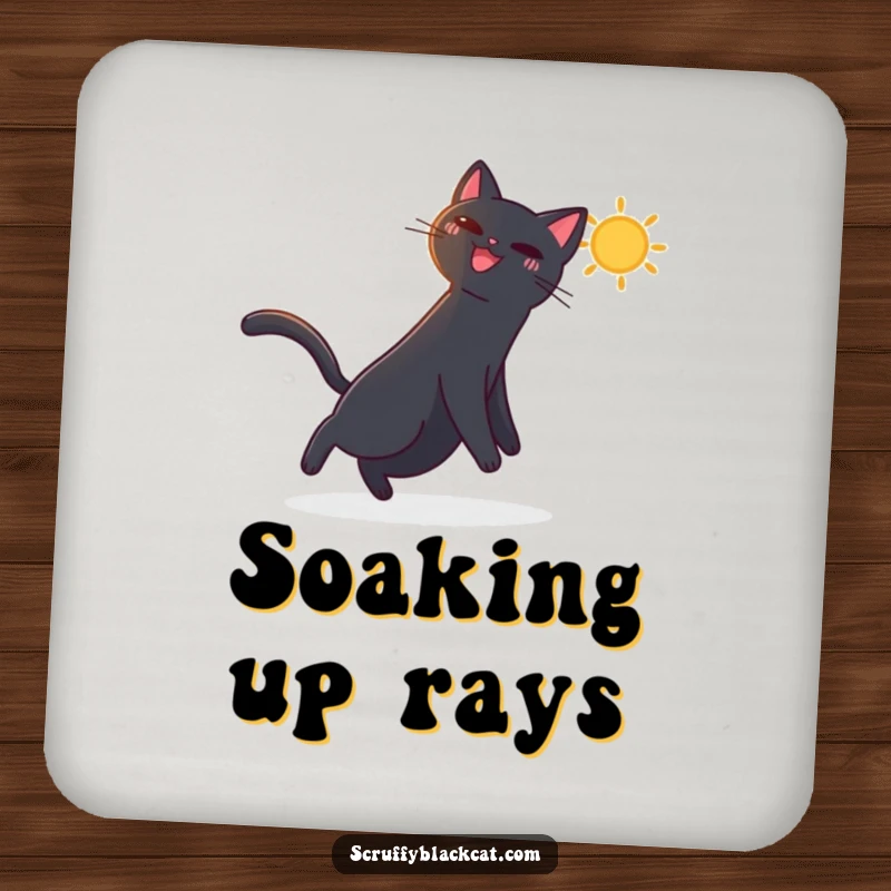 Funny drink coaster with a black cat joyfully chasing a bright, dancing sunbeam, adding a cheerful touch.