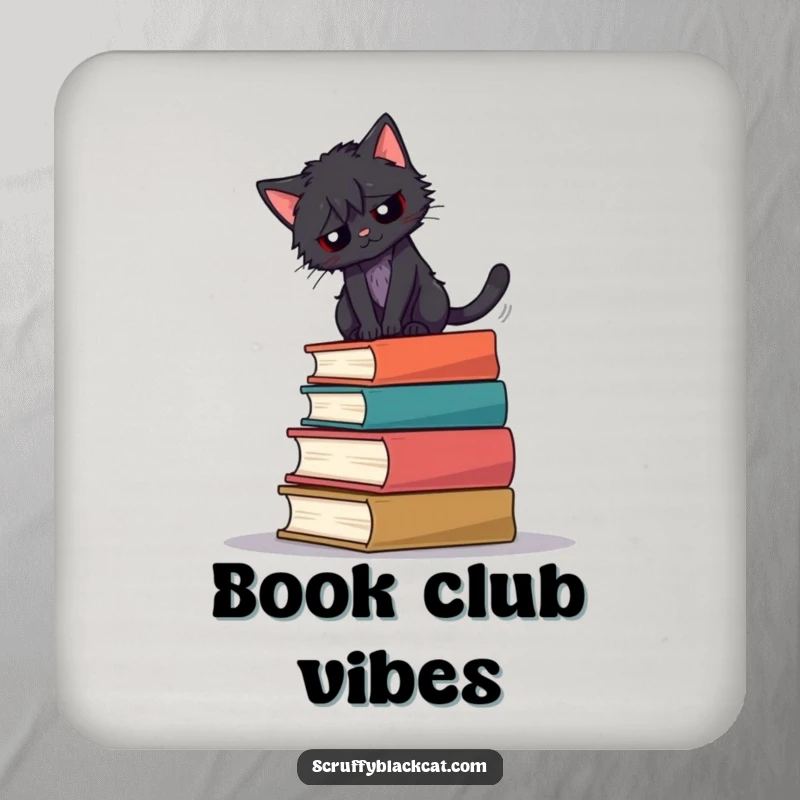 Funny drink coasters depicting a scruffy black cat balancing precariously on a stack of books.
