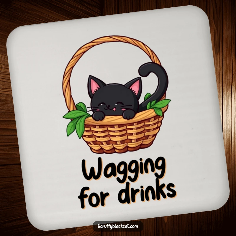 Funny drink coaster with a black cat peeking from a basket, its tail hinting at playful movement, perfect for protecting surfaces.