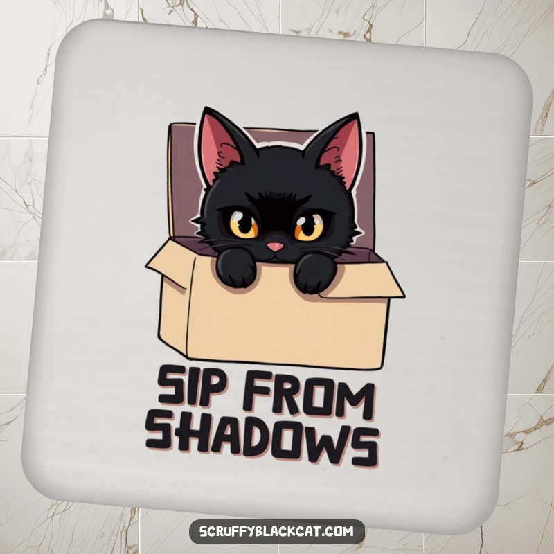 Funny Cat Coaster showing a mischievous black cat peeking from a box, eyes gleaming, perfect for adding mysterious protection.
