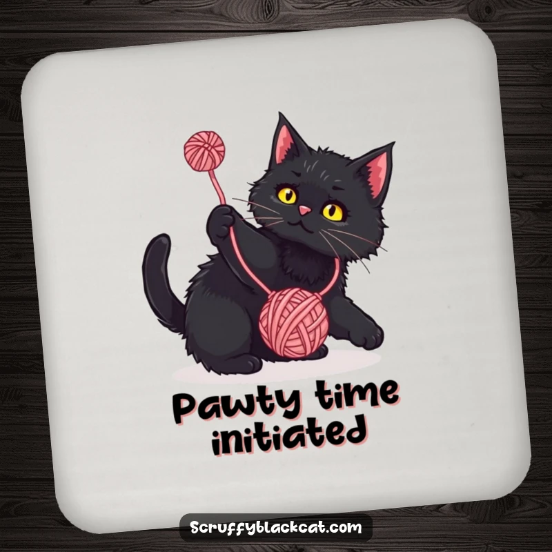 Funny Drink Coaster: Scruffy black cat playfully batting at a dangling yarn ball, a humorous and protective table accessory.