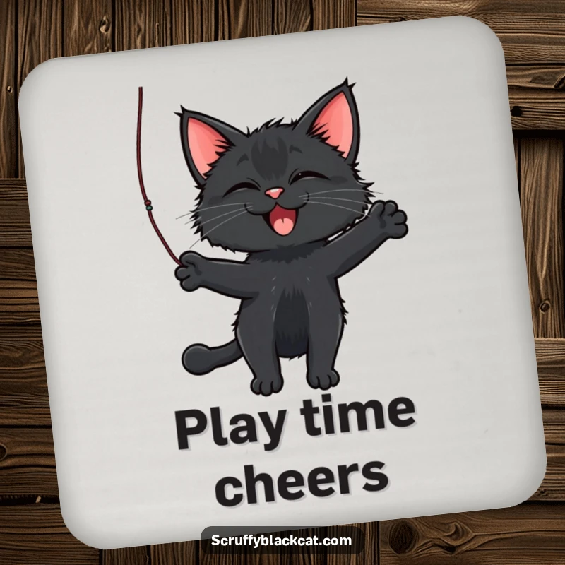 Funny Cat Coaster showing a scruffy black cat batting a dangling string, perfect for adding playful, humorous protection.