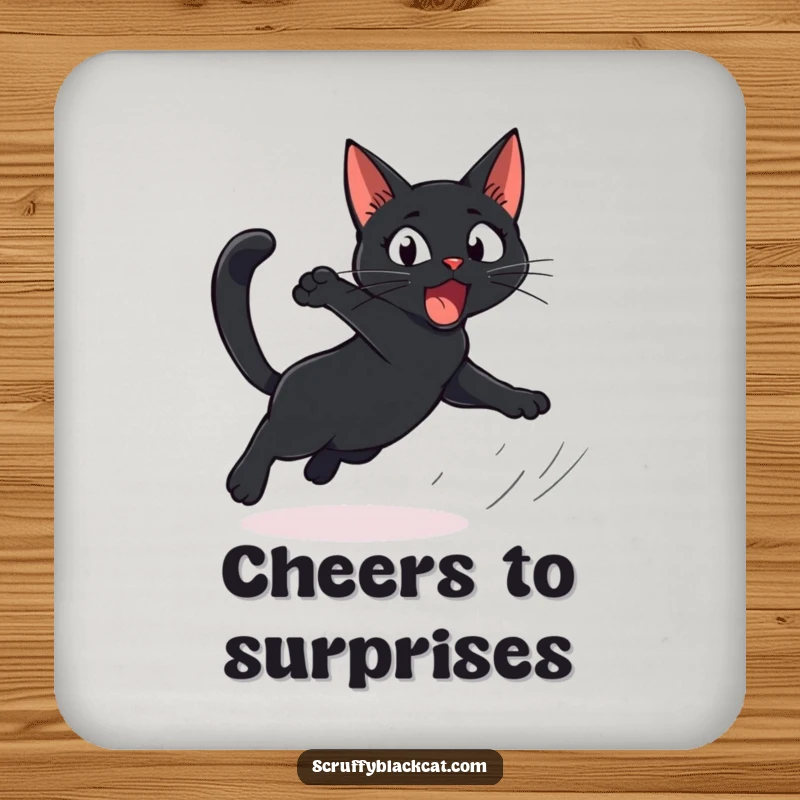 Funny Cat Coaster showing a startled black cat comically leaping, perfect for adding humorous, protective flair.