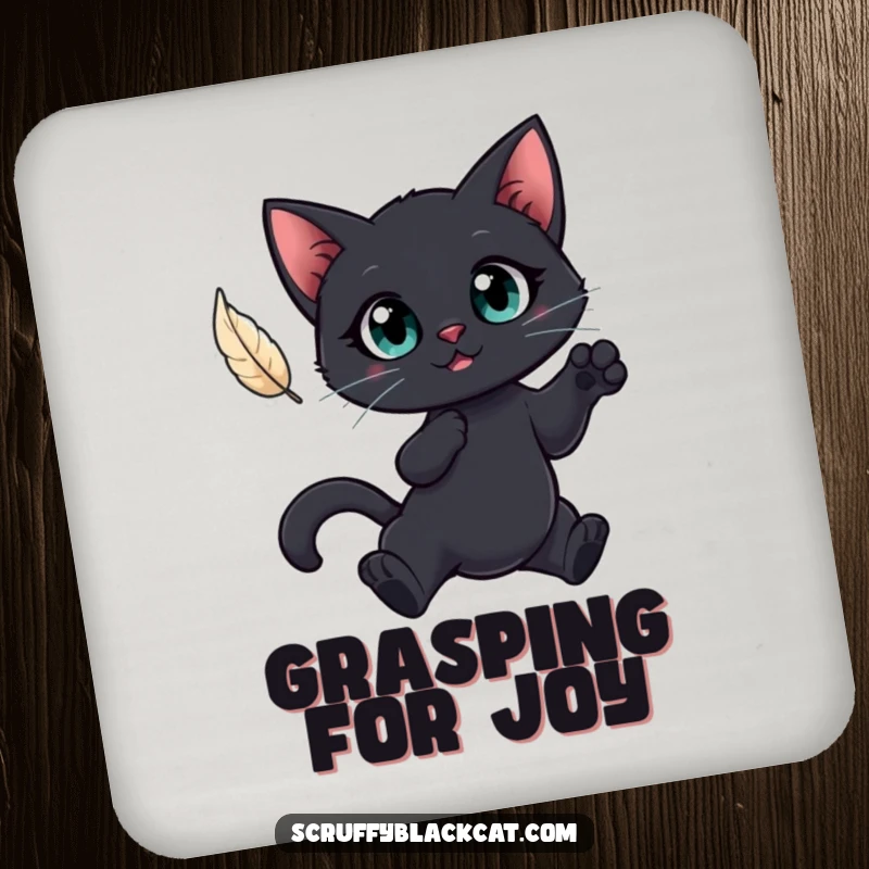 Funny drink coaster set featuring a big-eyed black cat leaping for a feather, protecting furniture with humorous feline focus.