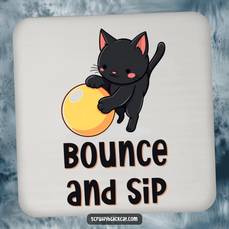 Funny cat drink coaster with a black cat in a playful pounce over a bouncy ball, adding dynamic flair.
