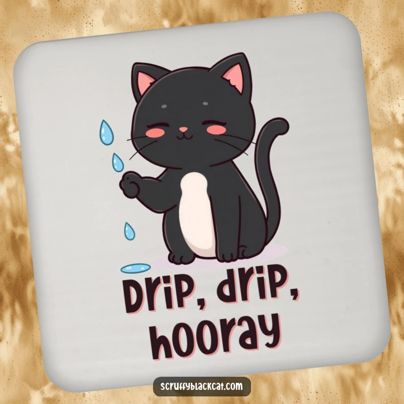 Funny Cat Coaster depicting a black cat batting at a raindrop, protecting surfaces with feline charm, a delightful funny gift.