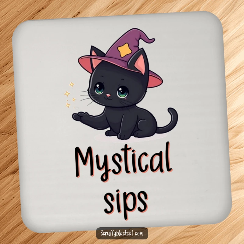 Funny cat drink coaster with a black cat in a wizard hat conjuring a sparkly puff, adding magical flair.