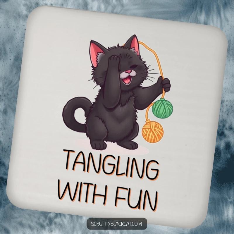 Funny drink coaster set featuring a scruffy black cat batting at a yarn ball, protecting furniture with humorous feline charm.