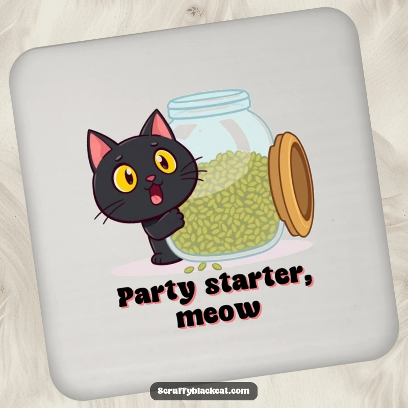 Funny black cat coaster, surprised face opening a large catnip jar, protecting surfaces with feline humor, a cute funny gift.