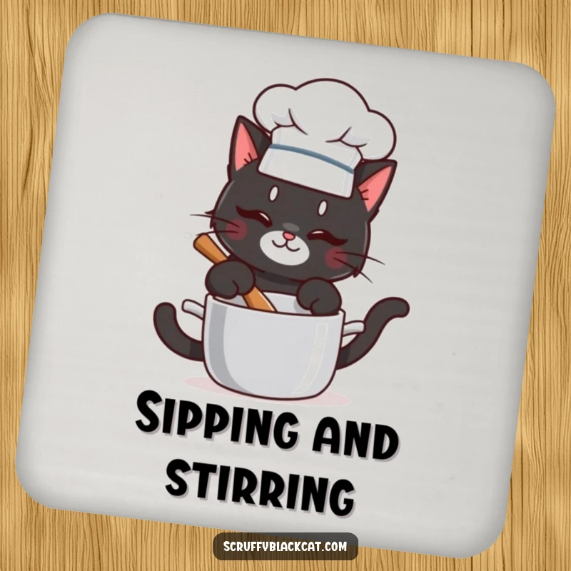Funny drink coaster set featuring a mischievous chef cat stirring a pot, protecting furniture with humorous culinary charm.