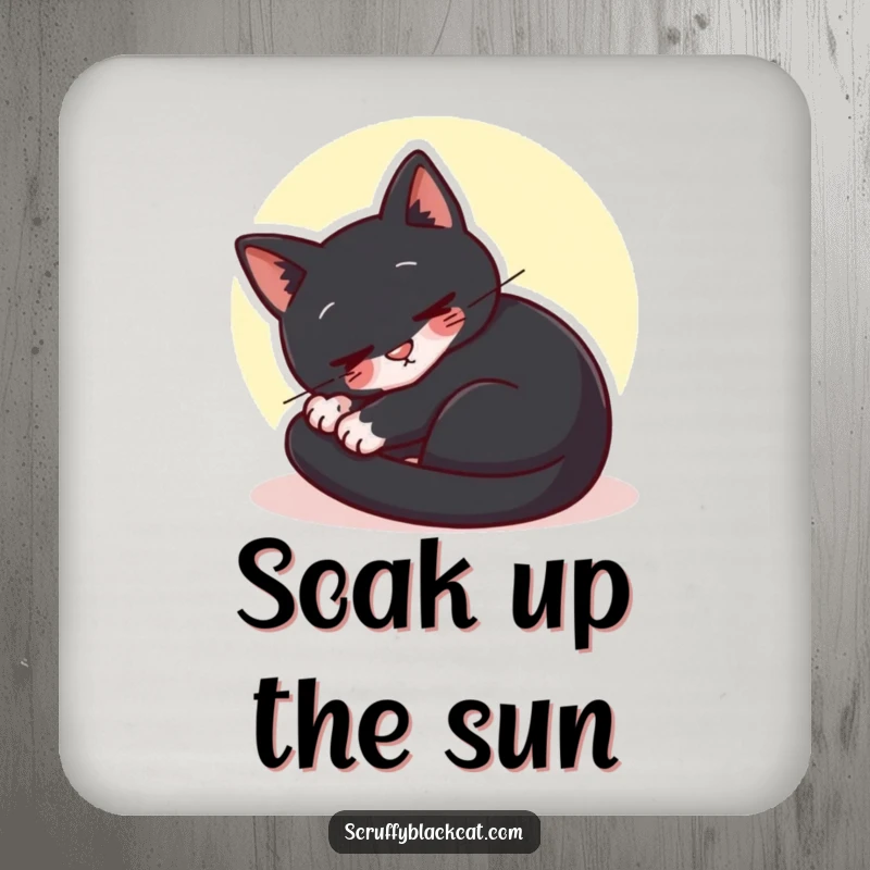 Funny black cat coasters showing a cat curled up purring contentedly in a sunbeam, protecting tables with humor.