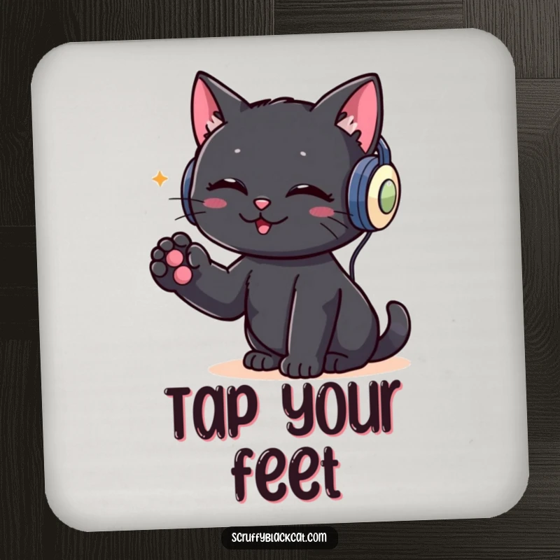 Funny drink coaster with a black cat wearing headphones and tapping its paw, embodying musical passion and style.