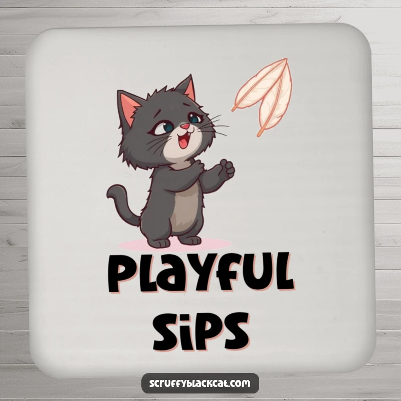 Funny drink coasters depicting a scruffy black cat playfully batting at a bouncing feather.