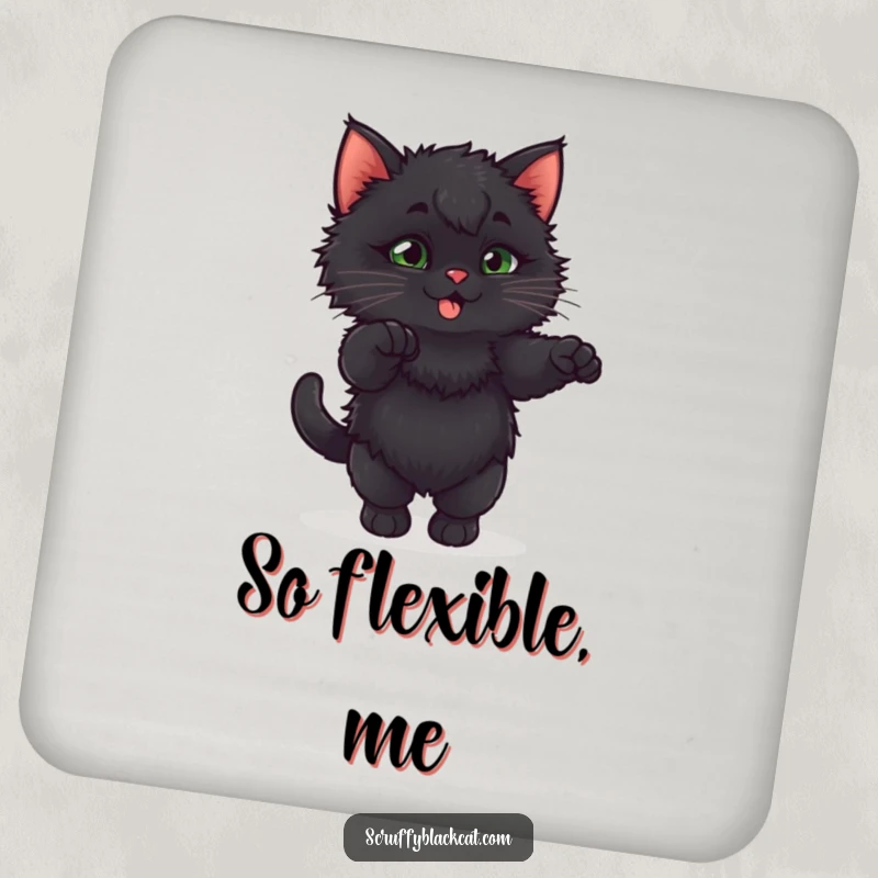 Funny fluffy black kitten in a playful, exaggerated stretch, displayed on cute drink coasters.