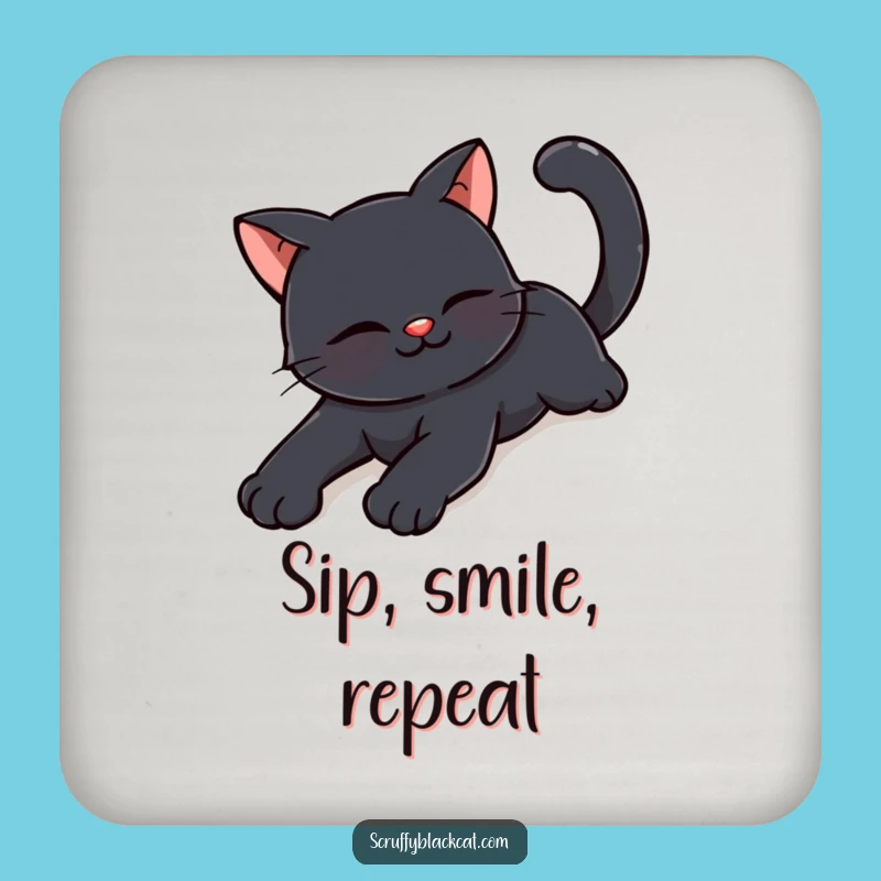 Funny Happy Black Cat Stretching Coaster Set: Sip with a Smile