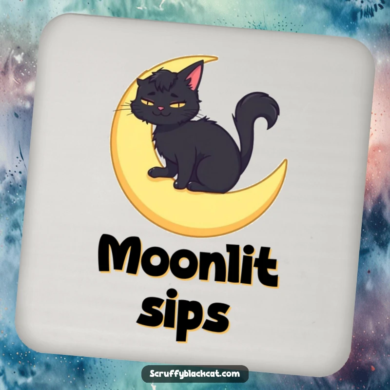 Funny drink coaster with a scruffy black cat sitting on a crescent moon, smiling serenely, perfect for protecting surfaces with magic.