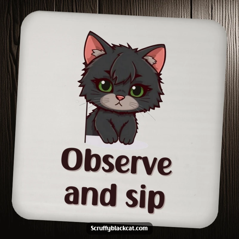 Funny scruffy black cat coaster, peeking playfully, protecting surfaces with a touch of feline humor, a cute funny gift.