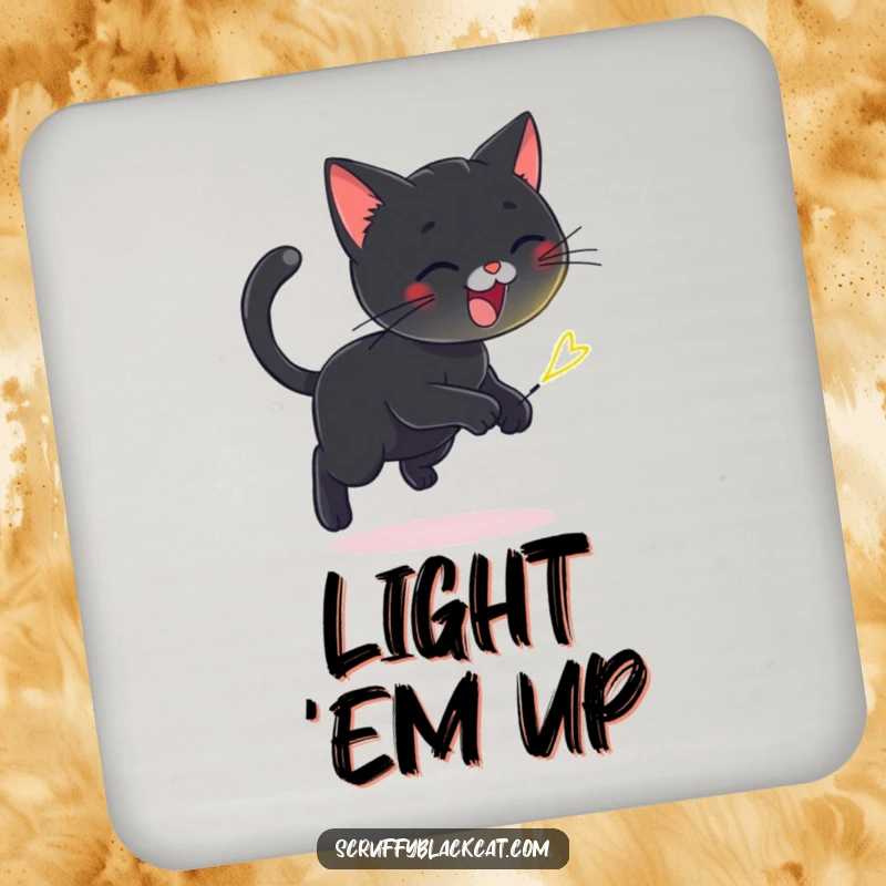 Funny drink coaster featuring a playful black cat chasing a tiny, flickering firefly, offering protection with whimsical humor.