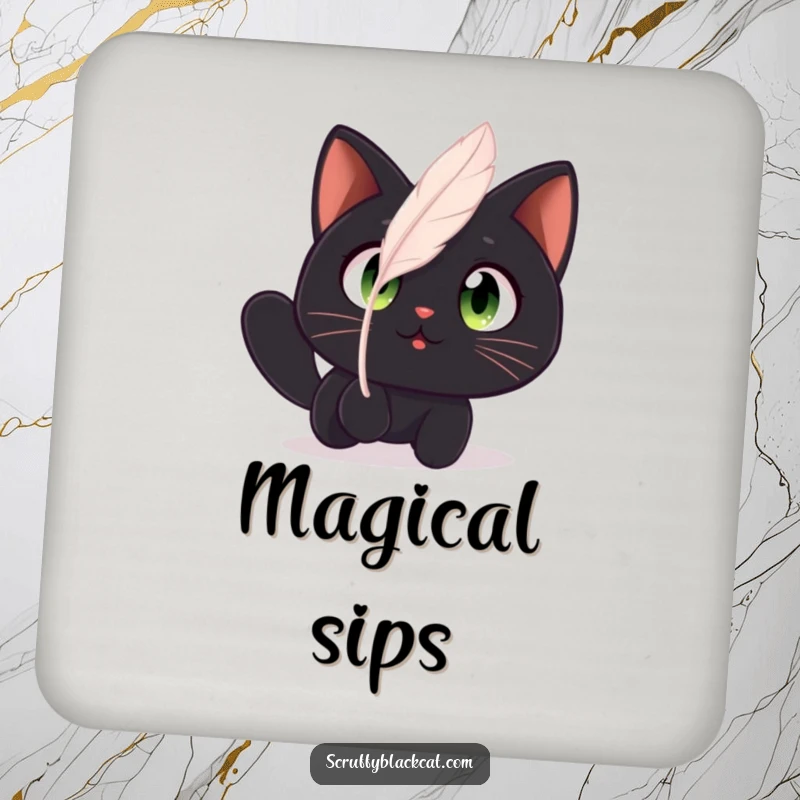 Funny cat drink coaster with a black cat's wide, amazed eyes watching a floating feather, adding wonder.