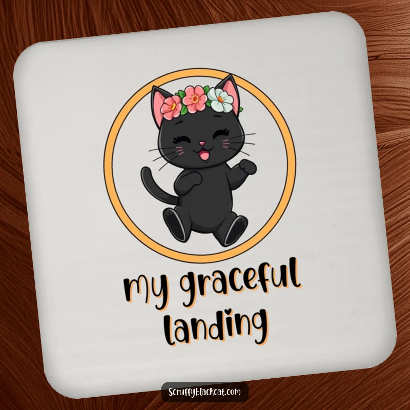 Funny black cat wearing a flower crown jumps through a hoop, designed on a protective drink coaster for stylish, humorous table protection.